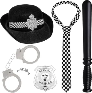 5 PCS Police Costume Accessories, Police Hat with Handcuffs Badge Plaid Tie Baton for Women for Cosplay Dress Up