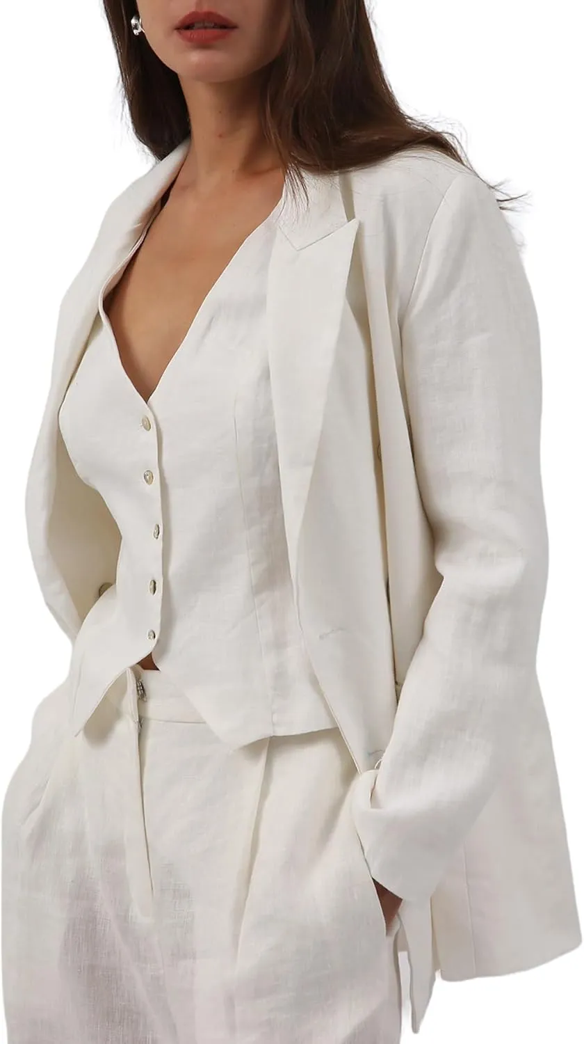 Amazhiyu Womens Pure Linen Double-Breasted Notched Long Sleeve Blazer with Pockets