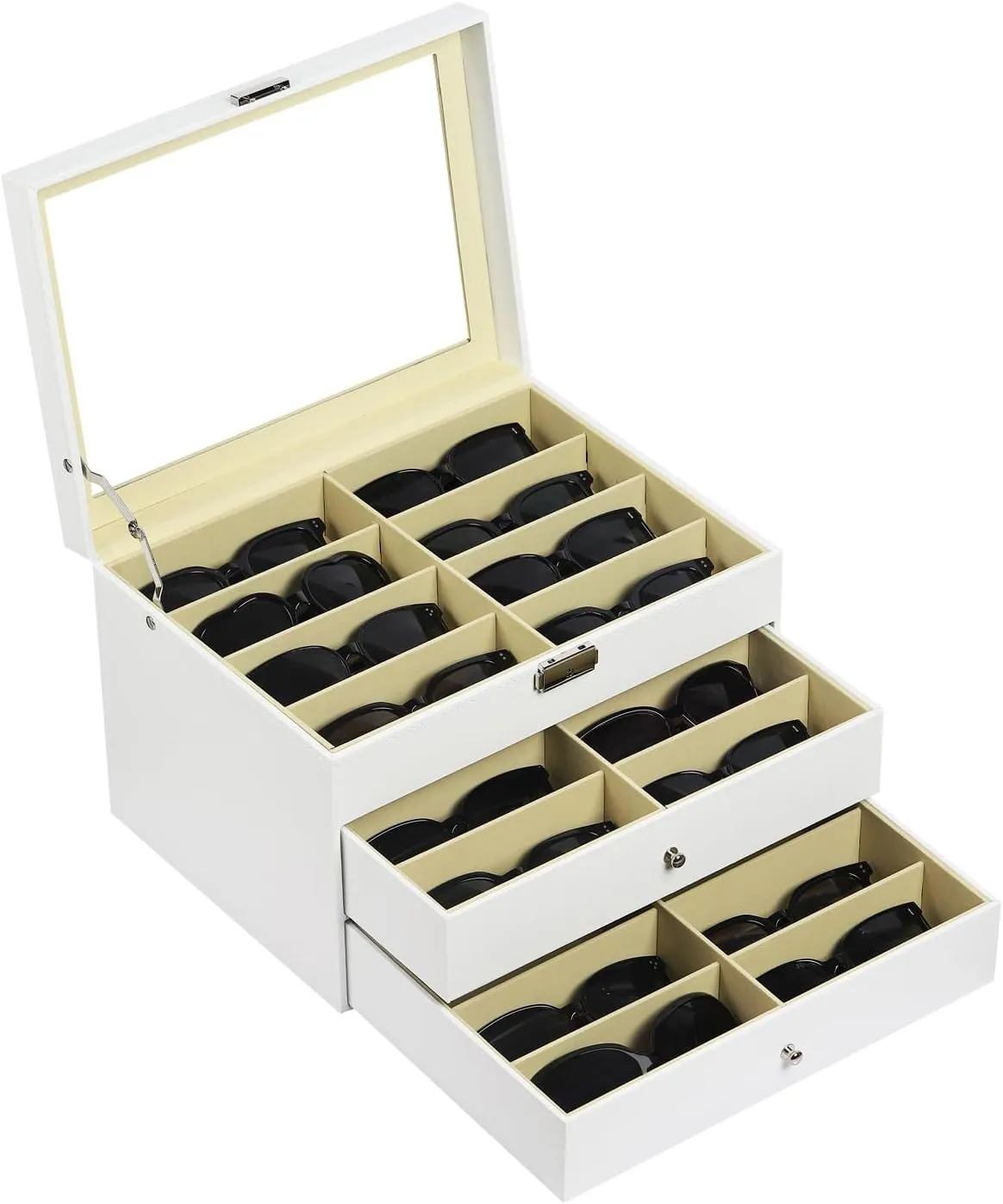 AUTOARK Leather 24 Piece Eyeglasses Storage and Sunglass Glasses Display Drawer Lockable Case Organizer,White,AW-172