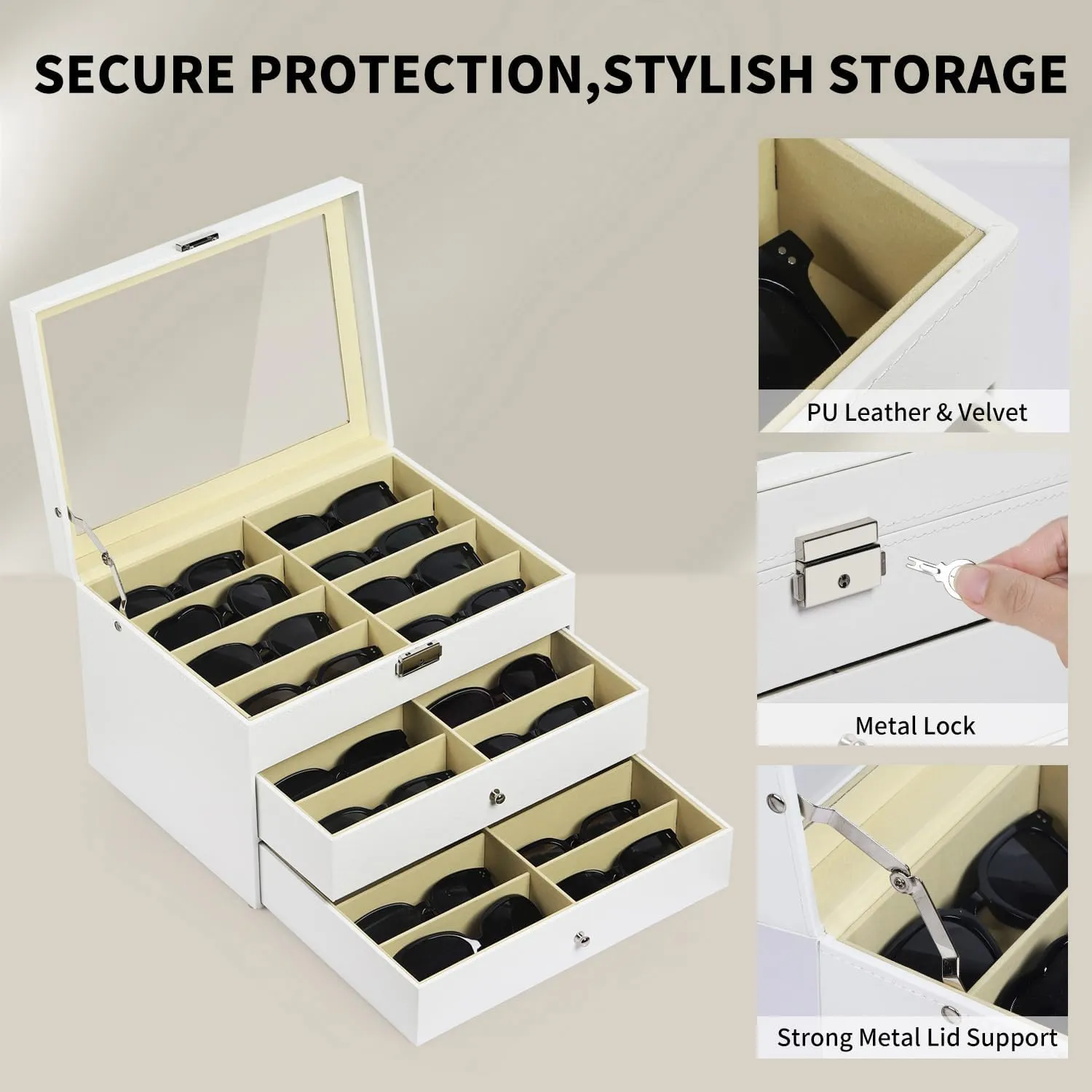 AUTOARK Leather 24 Piece Eyeglasses Storage and Sunglass Glasses Display Drawer Lockable Case Organizer,White,AW-172