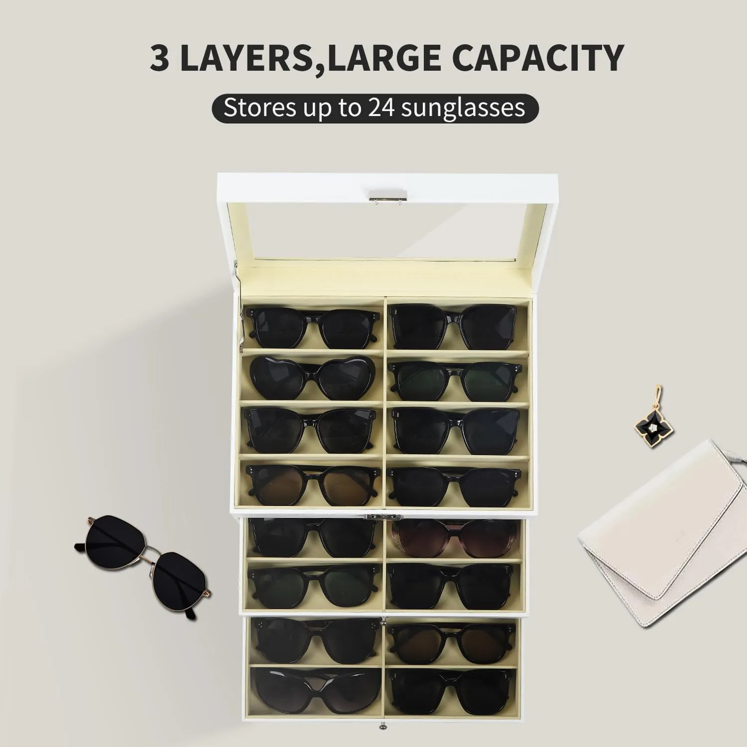 AUTOARK Leather 24 Piece Eyeglasses Storage and Sunglass Glasses Display Drawer Lockable Case Organizer,White,AW-172