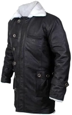 Bane-Inspired Winter Long Coat  White Faux Fur Trimmed Distressed Brown Leather