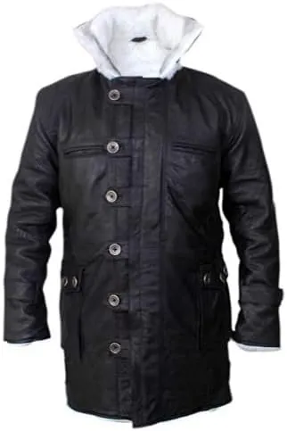 Bane-Inspired Winter Long Coat  White Faux Fur Trimmed Distressed Brown Leather