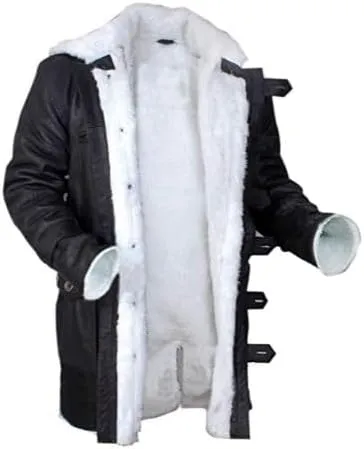 Bane-Inspired Winter Long Coat  White Faux Fur Trimmed Distressed Brown Leather