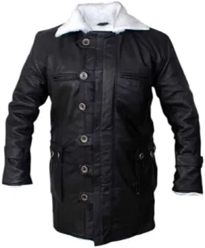 Bane-Inspired Winter Long Coat  White Faux Fur Trimmed Distressed Brown Leather