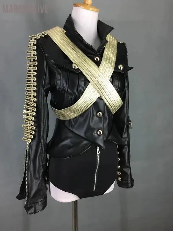 Black White Fashion Personalized Leather Jacket Shorts Outfits Bar Nightclub Female Singer DJ Dance Stage Performance Clothes