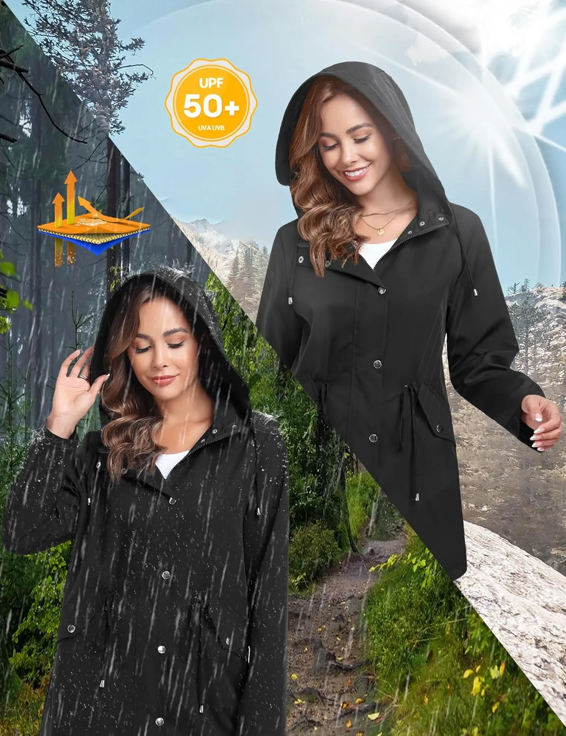 Bloggerlove Rain Jacket for Women Waterproof with Hood Trech Coat for Women Lightweight Raincoats Long Windbreaker