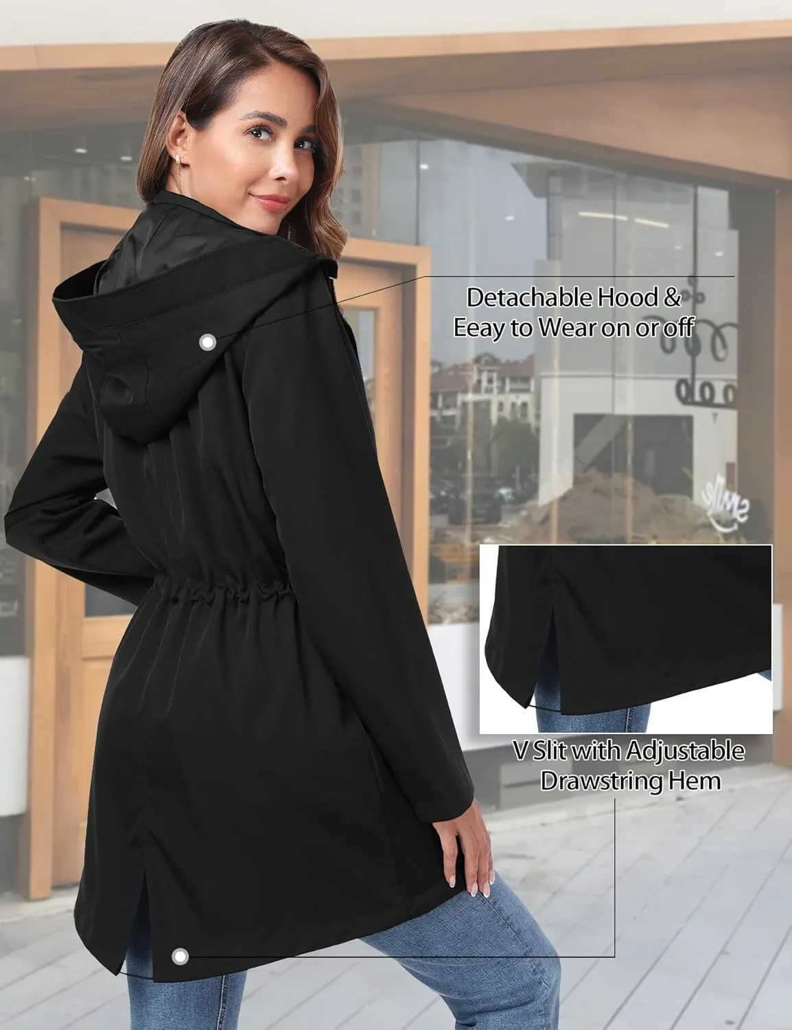 Bloggerlove Rain Jacket for Women Waterproof with Hood Trech Coat for Women Lightweight Raincoats Long Windbreaker