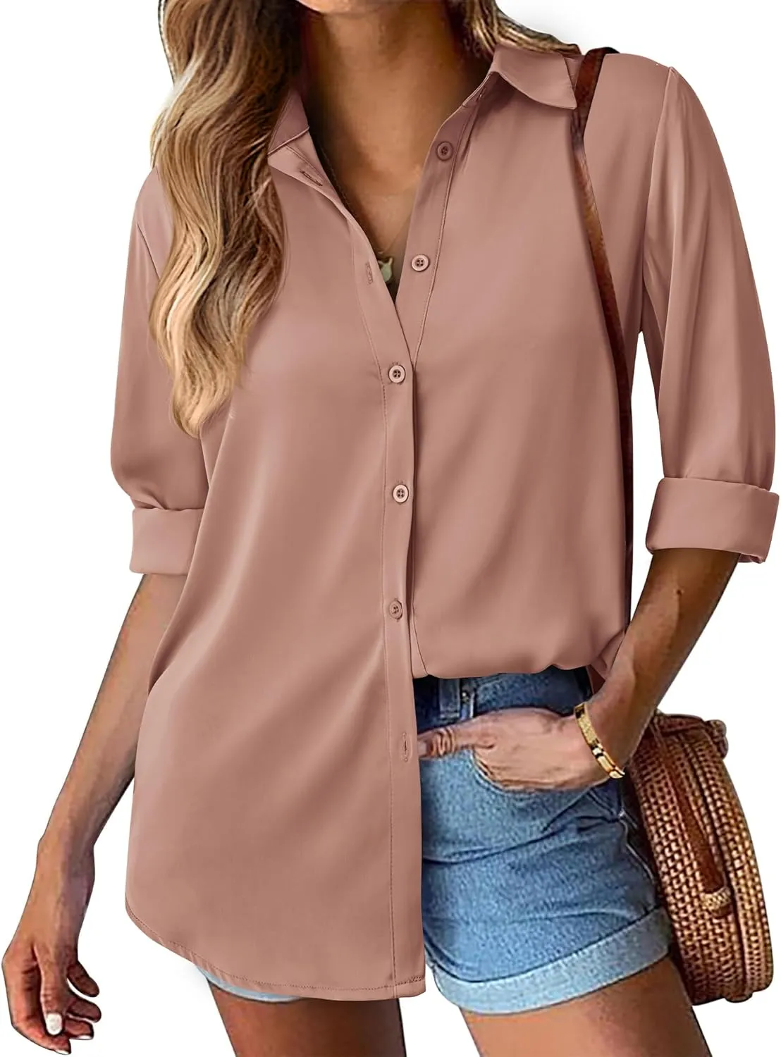 BTFBM Button Down Satin Blouses for Women Dressy Casual Lapel V Neck Long Sleeve Shirts Loose Business Work Tops 2024