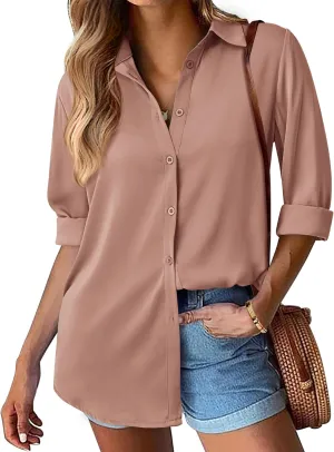 BTFBM Button Down Satin Blouses for Women Dressy Casual Lapel V Neck Long Sleeve Shirts Loose Business Work Tops 2024