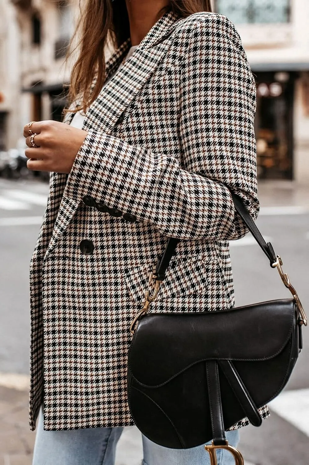 CHARTOU Women's Slim Double Breasted Houndstooth Office Work Plaid Blazer Suit Jacket Outwear
