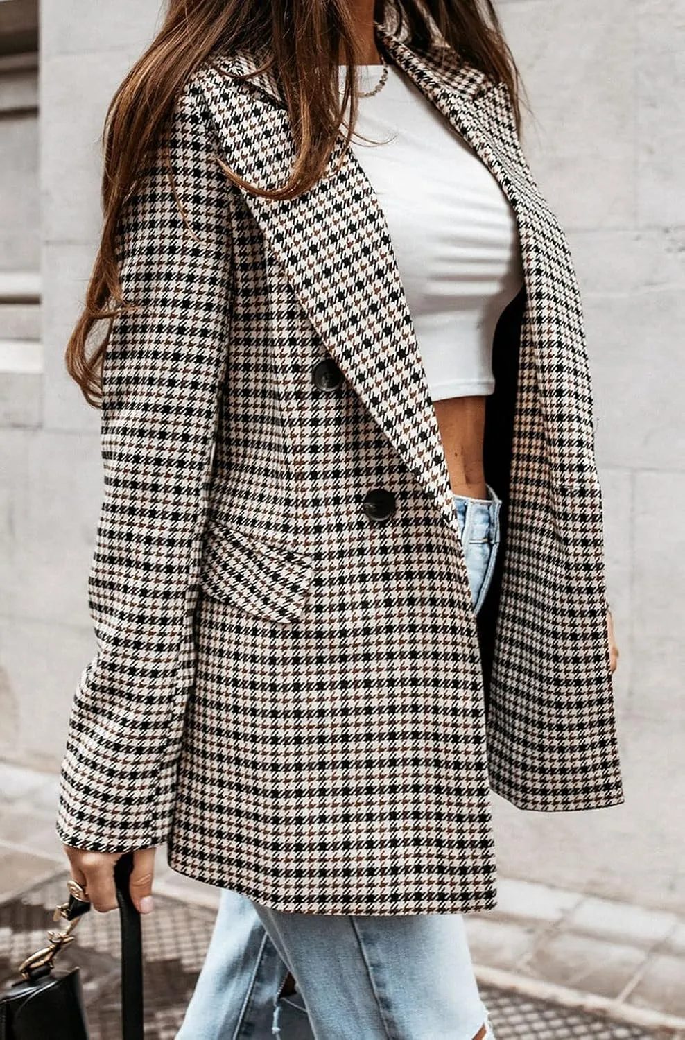 CHARTOU Women's Slim Double Breasted Houndstooth Office Work Plaid Blazer Suit Jacket Outwear