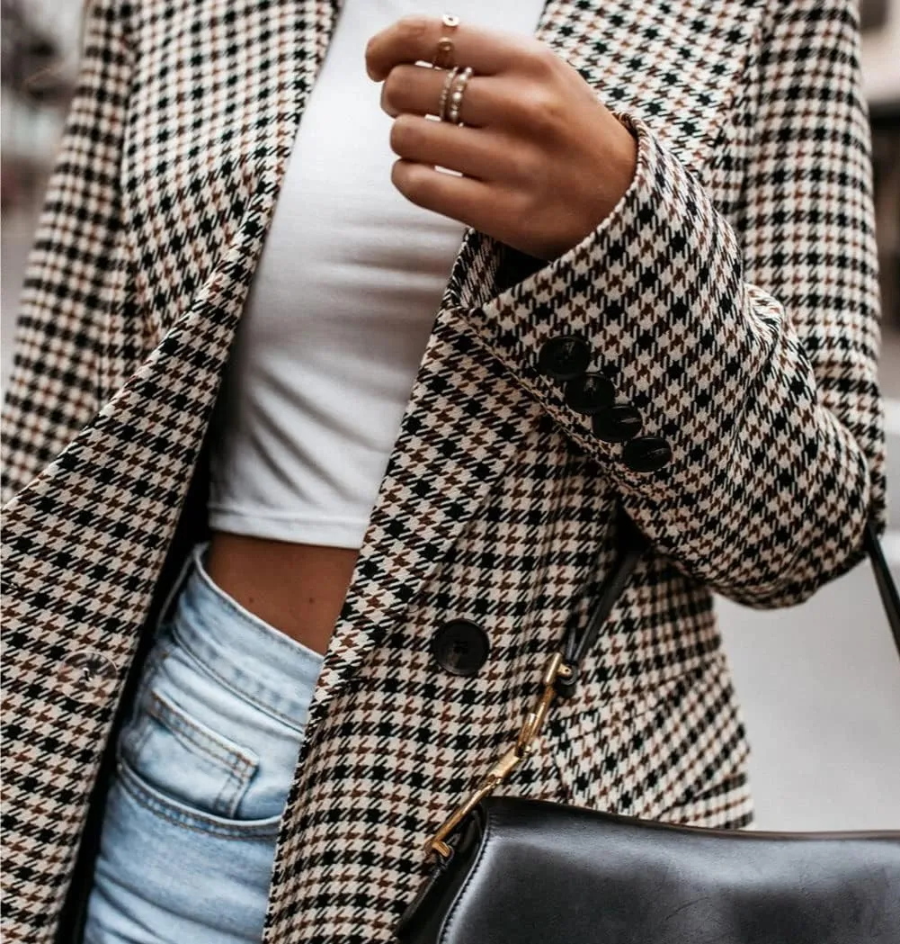 CHARTOU Women's Slim Double Breasted Houndstooth Office Work Plaid Blazer Suit Jacket Outwear