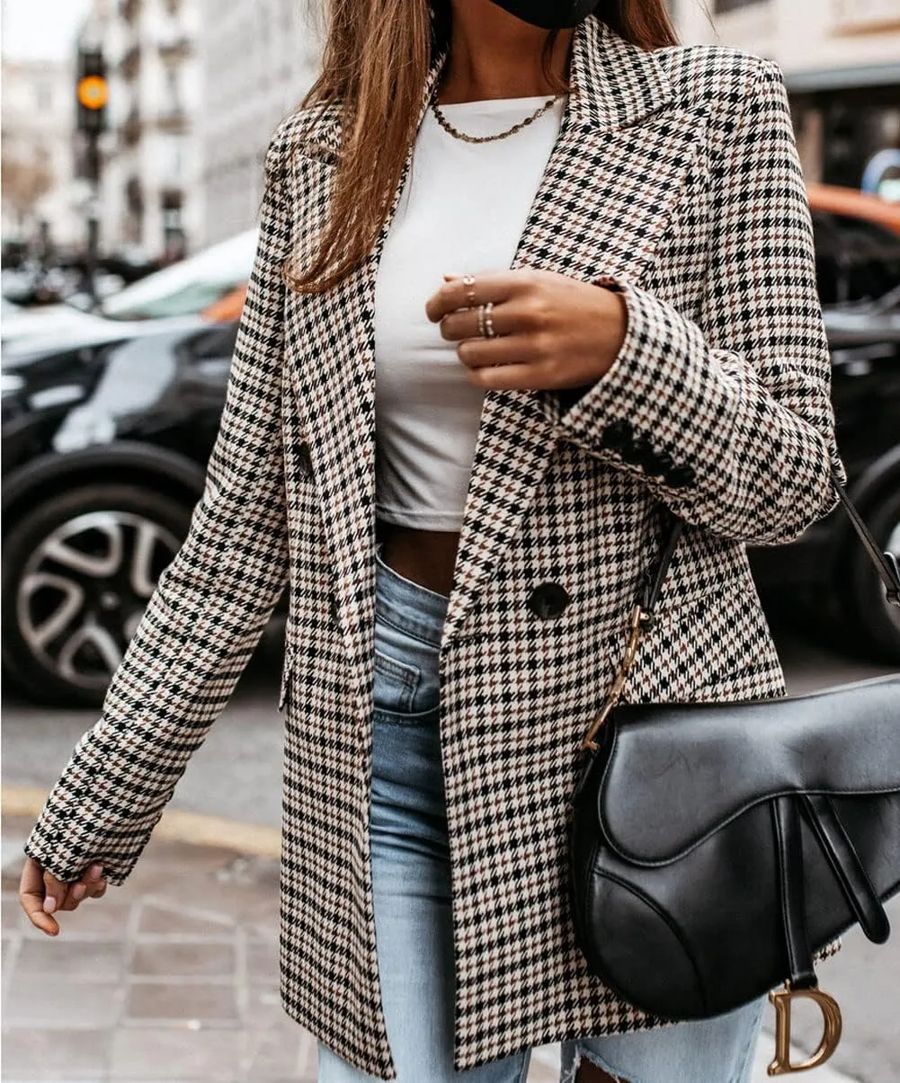 CHARTOU Women's Slim Double Breasted Houndstooth Office Work Plaid Blazer Suit Jacket Outwear
