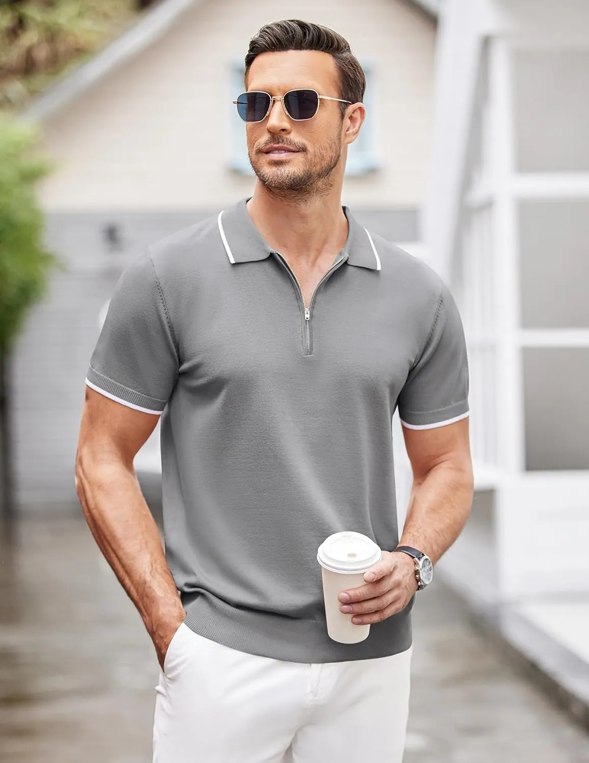 COOFANDY Men's Zipper Polo Shirt Casual Knit Short Sleeve Polo T Shirt Classic Fit Shirts