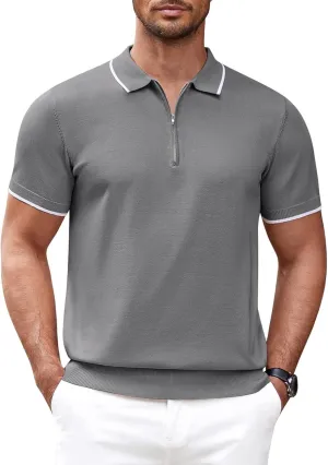 COOFANDY Men's Zipper Polo Shirt Casual Knit Short Sleeve Polo T Shirt Classic Fit Shirts