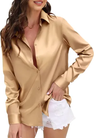CUNLIN Womens Soft Satin Silk Leopard Button Down Shirts for Women Silky Long Sleeve Work Shirt Dress Blouses Tops