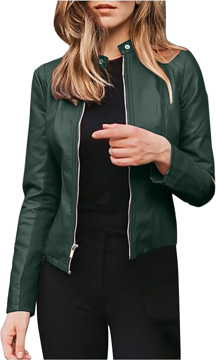 DASAYO Womens Lapel Slim Short Coat Full Zip Open Front Faux Leather PU Jacket Autumn and Winter Fashion Cardigan Jackets