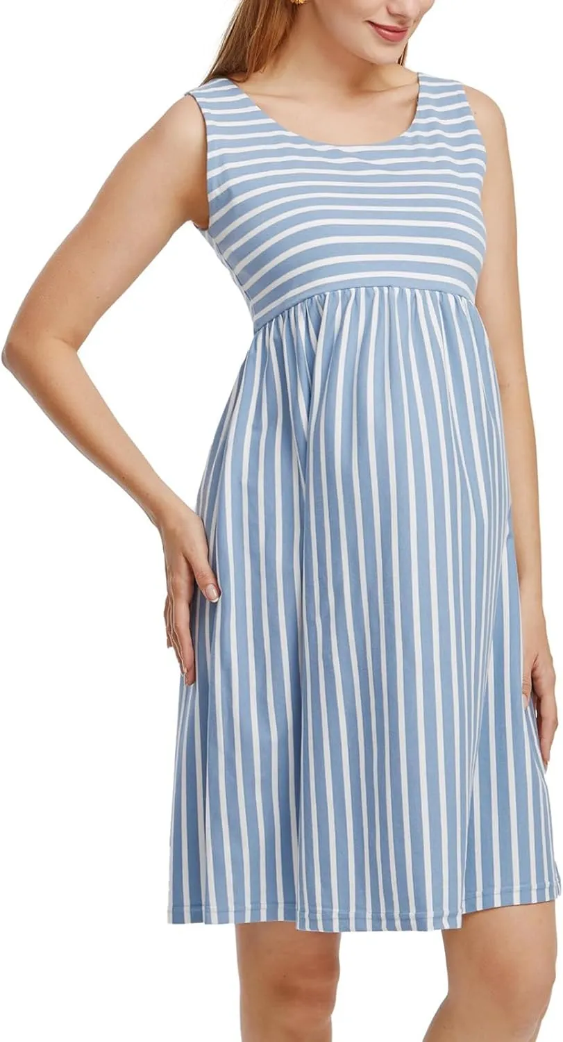 Ecavus Womens Maternity Tank Dress Stripe Color Block Sleeveless Knee Length for Baby Shower