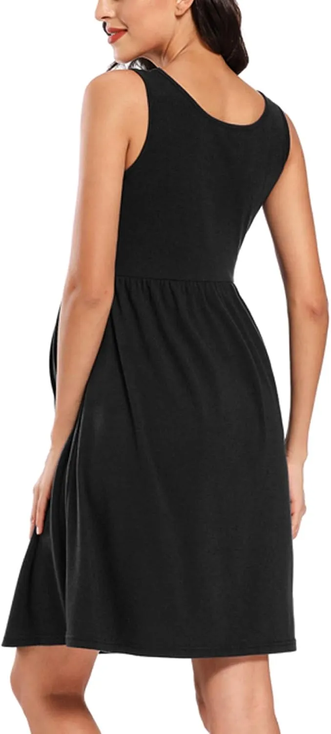 Ecavus Womens Maternity Tank Dress Stripe Color Block Sleeveless Knee Length for Baby Shower