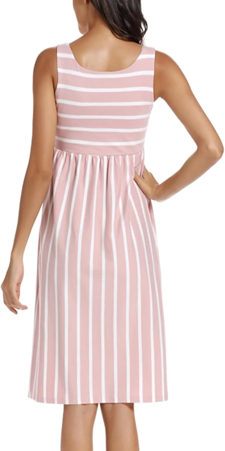 Ecavus Womens Maternity Tank Dress Stripe Color Block Sleeveless Knee Length for Baby Shower