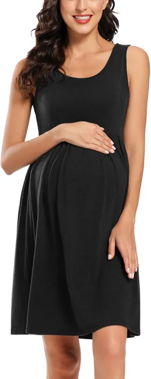 Ecavus Womens Maternity Tank Dress Stripe Color Block Sleeveless Knee Length for Baby Shower