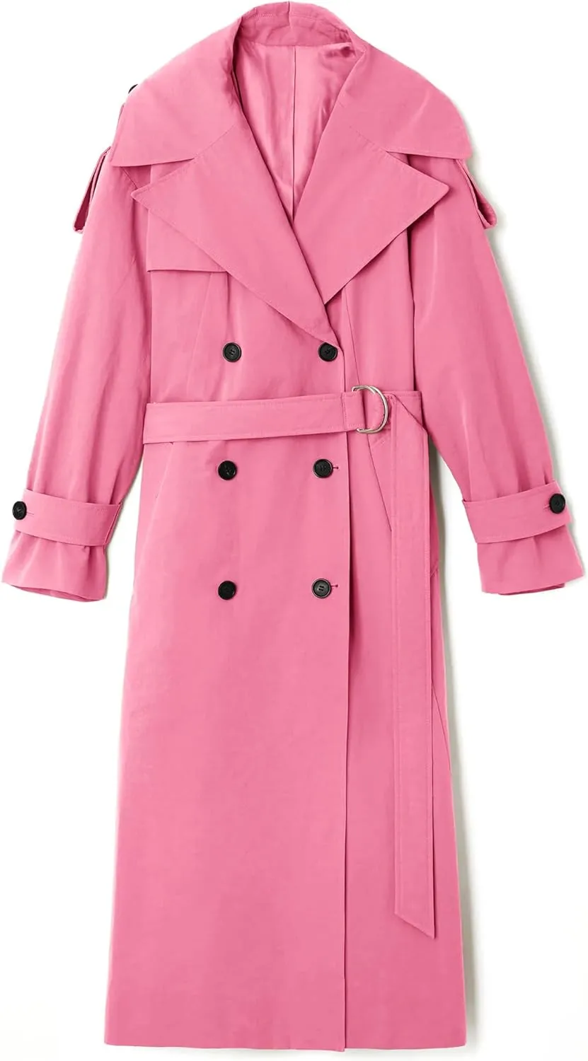 Farktop Womens Oversized Long Trench Coat Double Breasted Lapel Windproof Overcoat with Belt