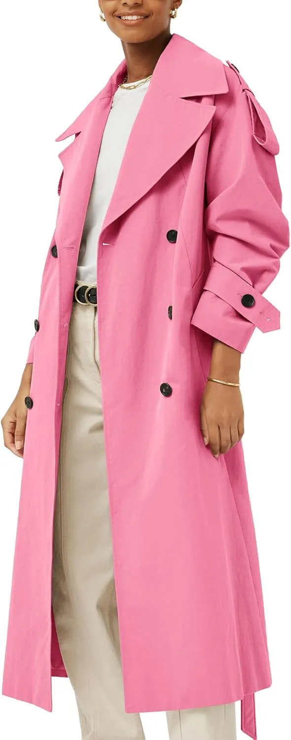 Farktop Womens Oversized Long Trench Coat Double Breasted Lapel Windproof Overcoat with Belt