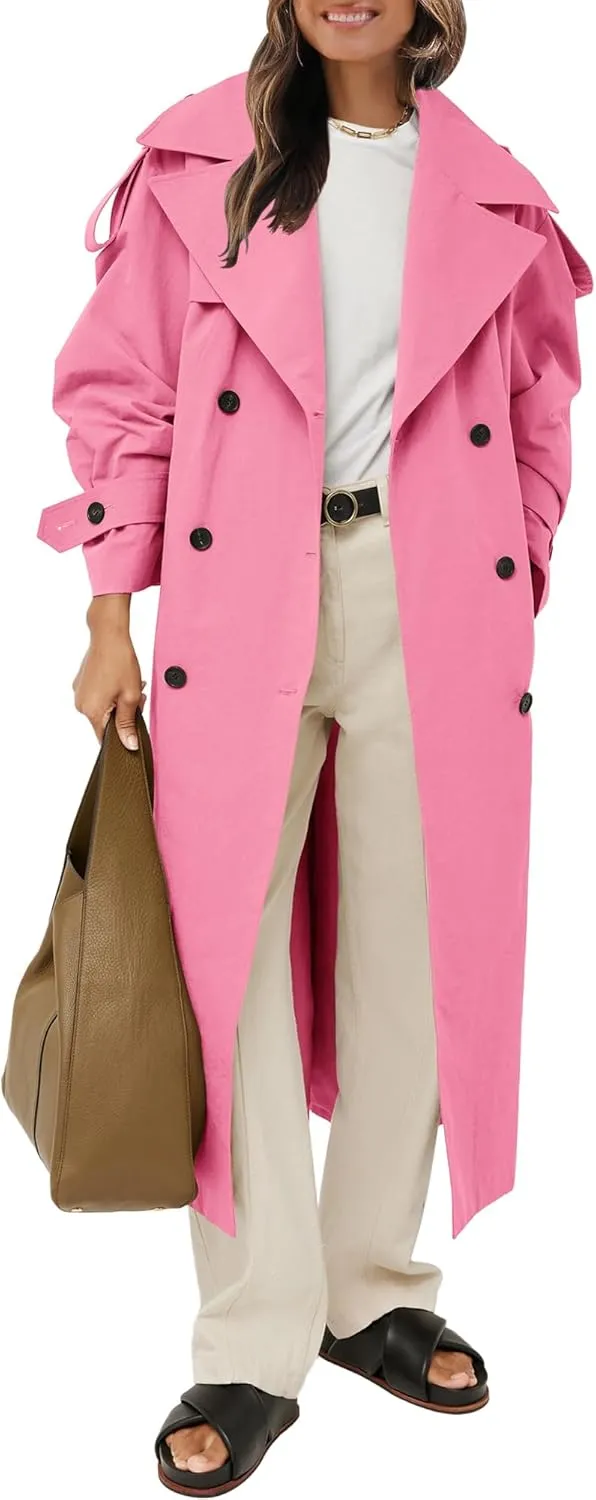 Farktop Womens Oversized Long Trench Coat Double Breasted Lapel Windproof Overcoat with Belt