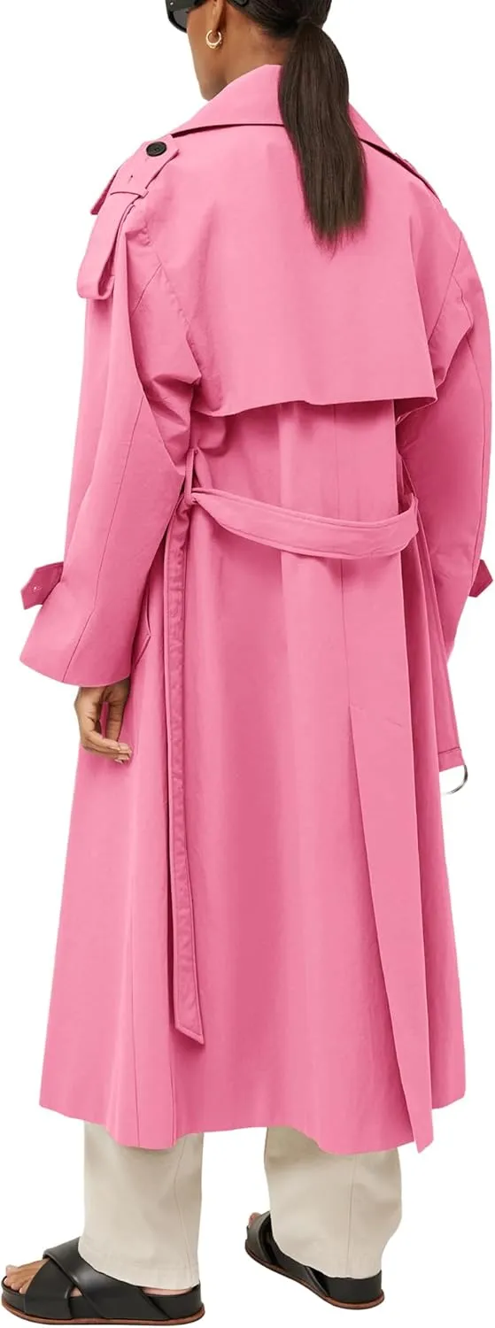 Farktop Womens Oversized Long Trench Coat Double Breasted Lapel Windproof Overcoat with Belt