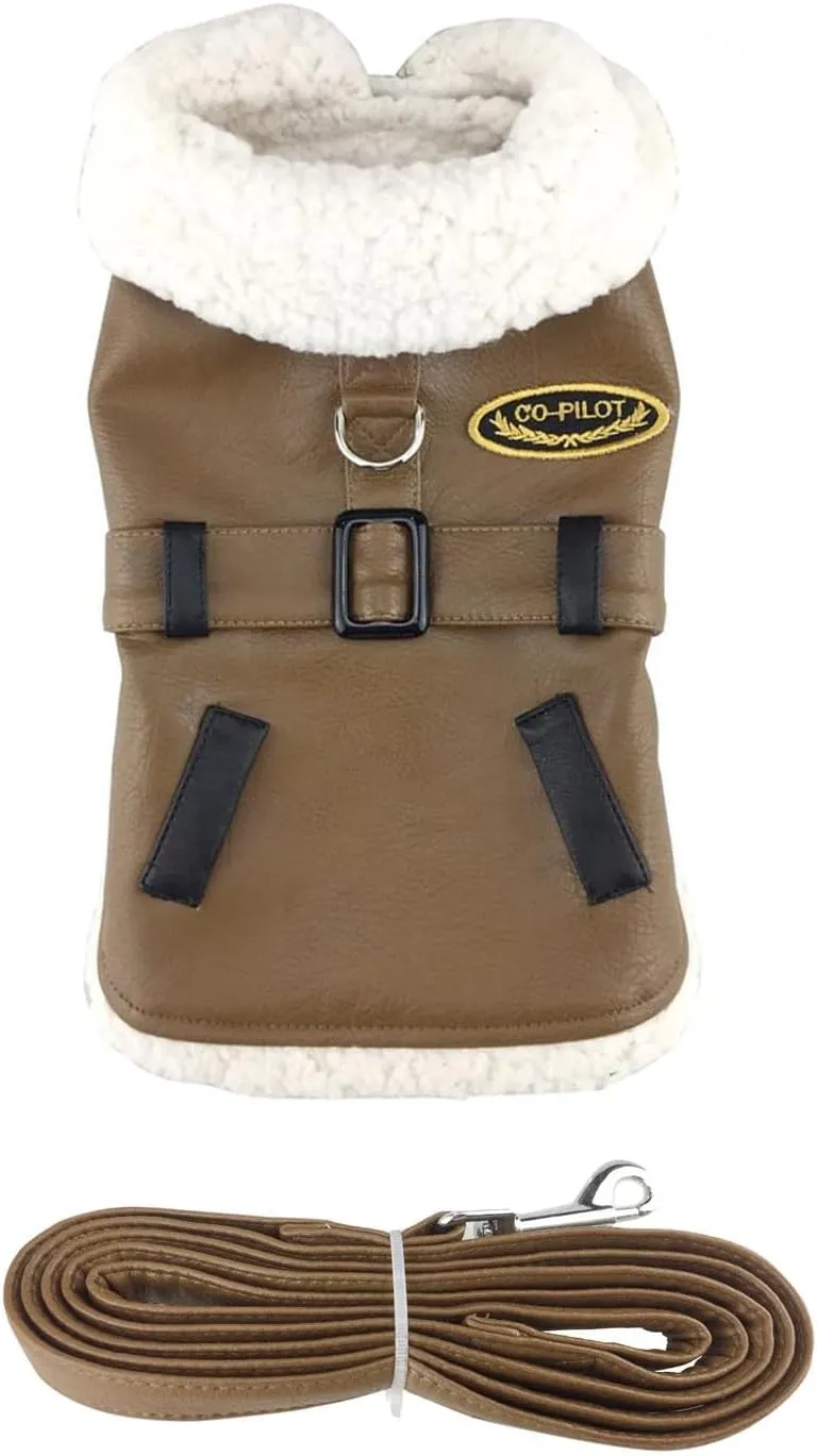 Faux Leather Brown Bomber Dog Coat - White Trim - X-Small