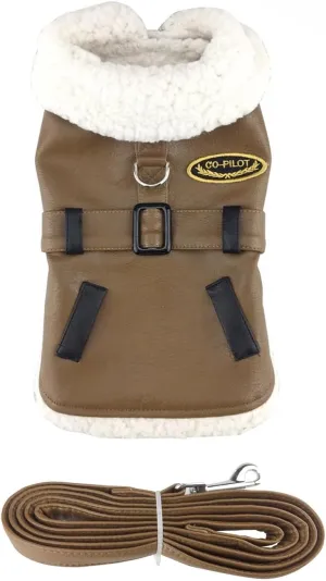 Faux Leather Brown Bomber Dog Coat - White Trim - X-Small