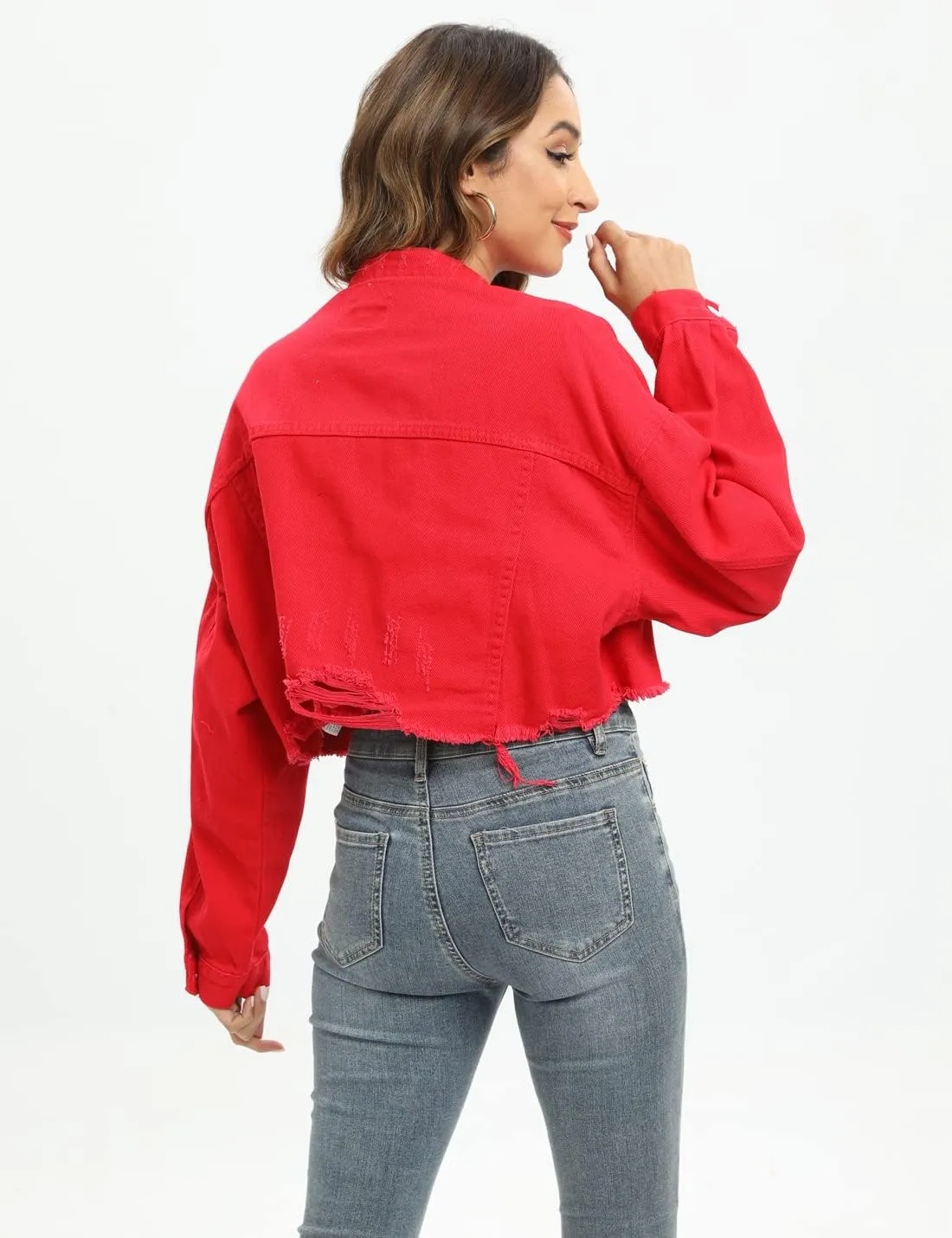 Gacaky Womens Casual Solid Color Ripped Distressed Cropped Denim Jean Jacket Coat With Frayed Hem