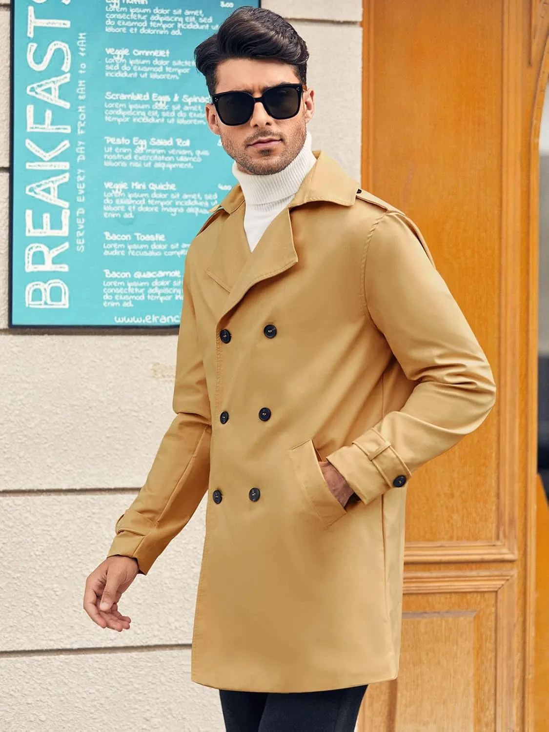 Gafeng Mens Double Breasted Trench Coat Notched Lapel Casual Slim Fit Long Windbreaker Overcoat