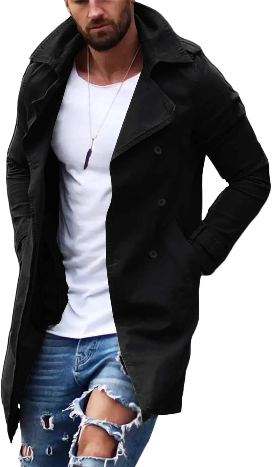 Gafeng Mens Double Breasted Trench Coat Notched Lapel Casual Slim Fit Long Windbreaker Overcoat