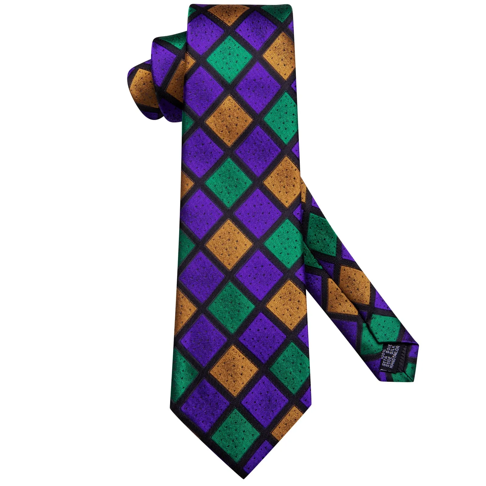 Hi-Tie Checkered Green Purple Gold Necktie Handkerchief Cufflinks Set