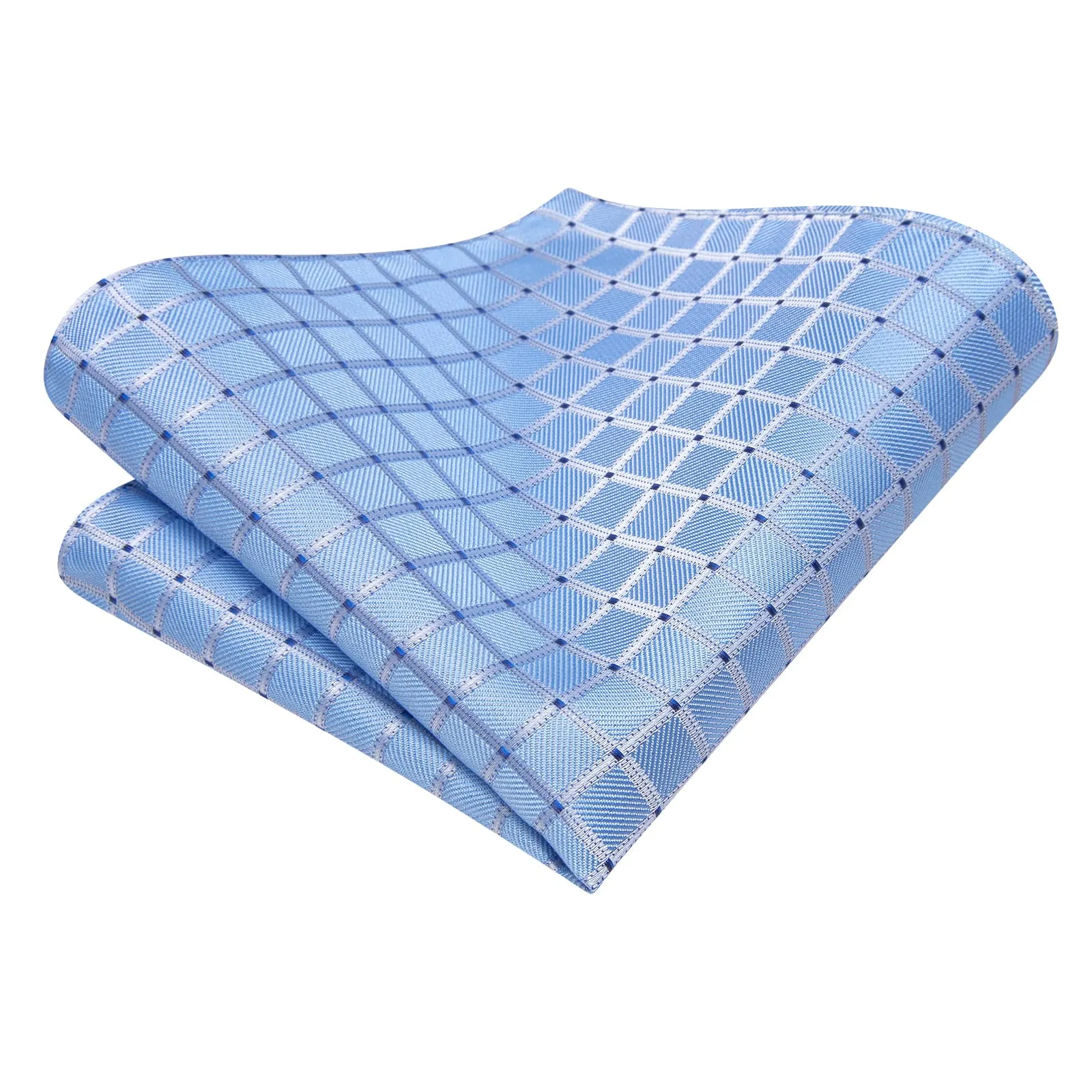 Hi-Tie Light Blue Tie Checkered Blue Dots Necktie Hanky Cufflinks Set
