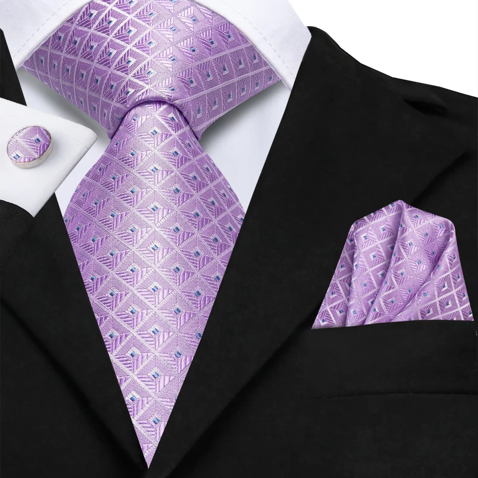 Hi-Tie Light Purple Tie Checkered Men's Necktie Hanky Cufflinks Set