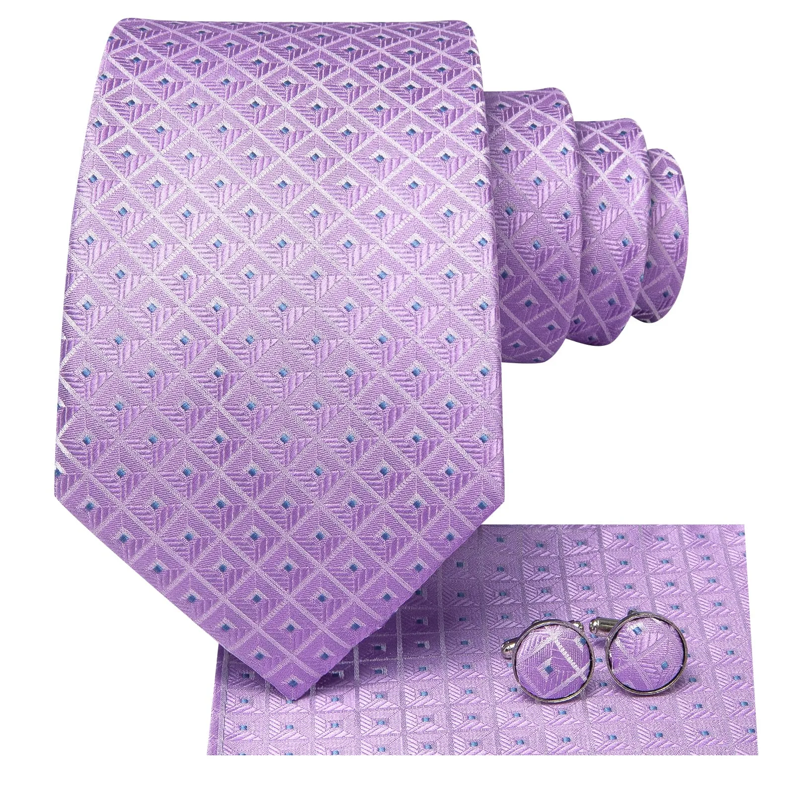 Hi-Tie Light Purple Tie Checkered Men's Necktie Hanky Cufflinks Set