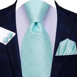 Hi-Tie Pale Turquoise Blue Tie Checkered Necktie Hanky Cufflinks Set