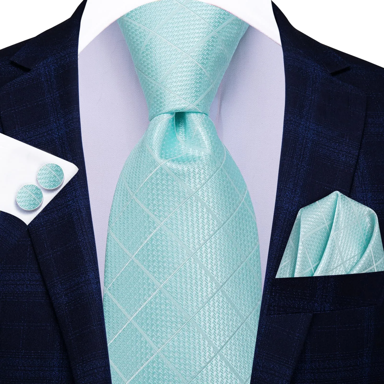 Hi-Tie Pale Turquoise Blue Tie Checkered Necktie Hanky Cufflinks Set
