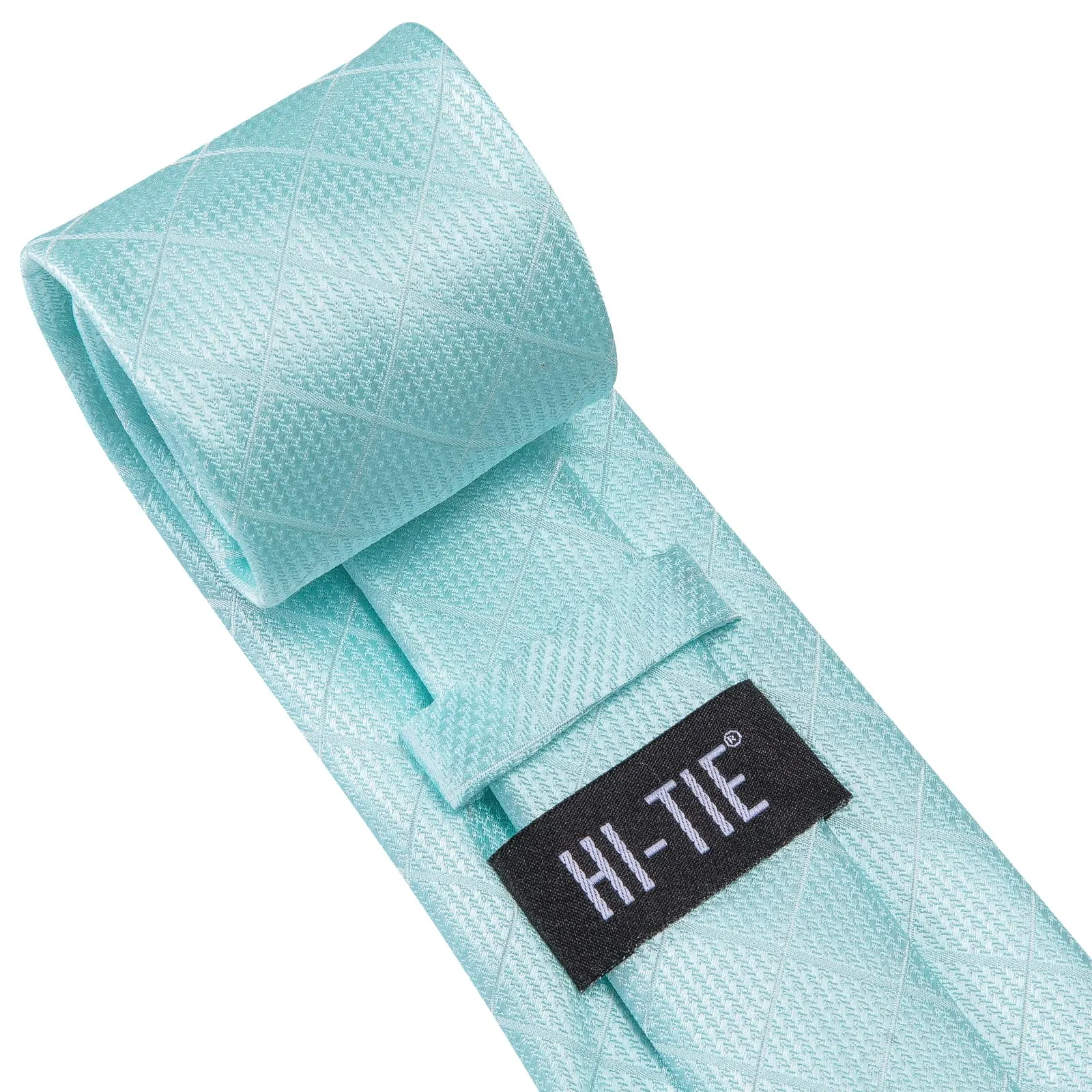 Hi-Tie Pale Turquoise Blue Tie Checkered Necktie Hanky Cufflinks Set