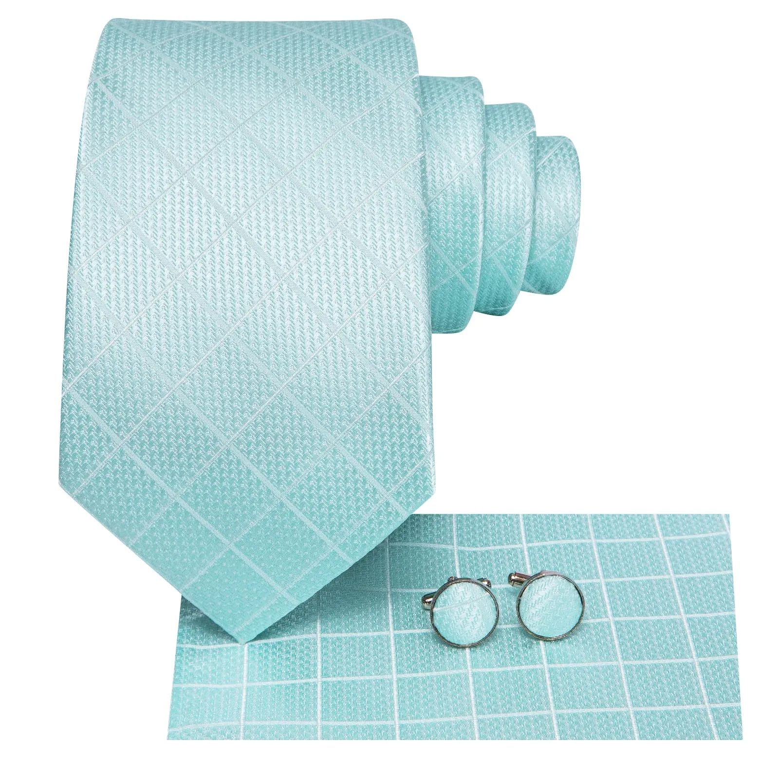 Hi-Tie Pale Turquoise Blue Tie Checkered Necktie Hanky Cufflinks Set
