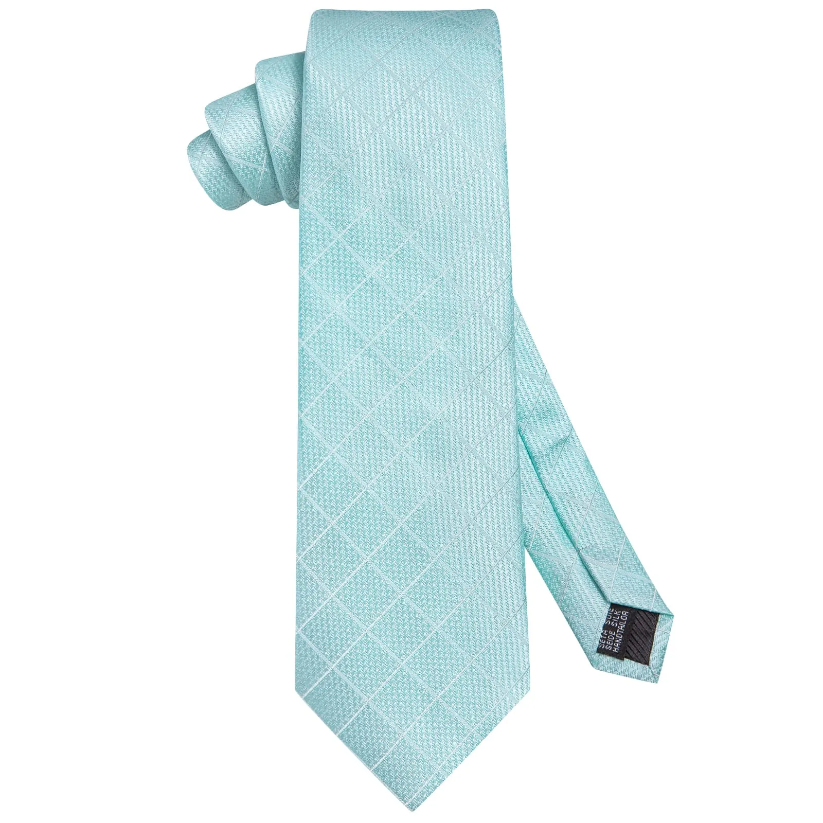 Hi-Tie Pale Turquoise Blue Tie Checkered Necktie Hanky Cufflinks Set
