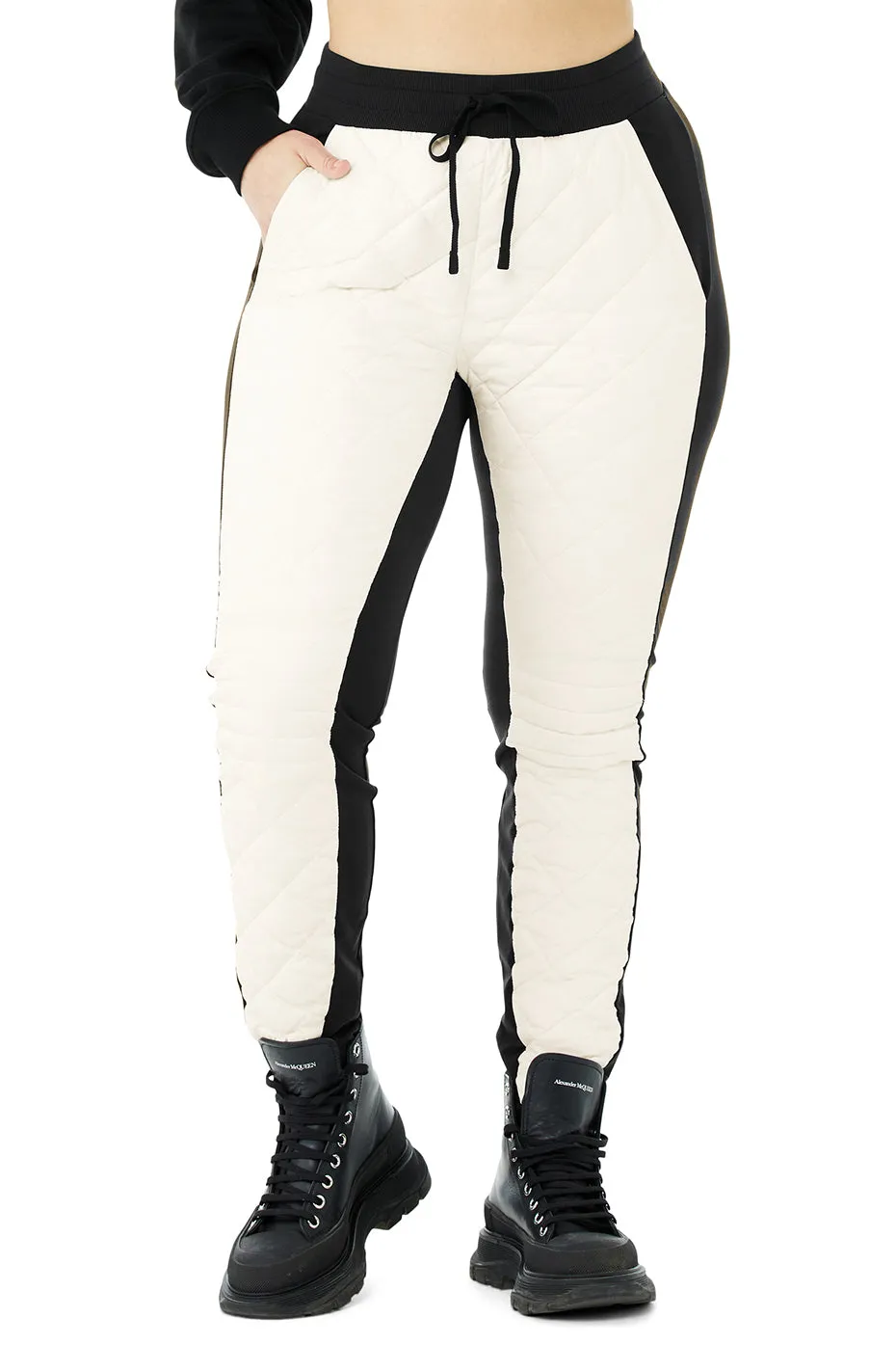 High-Waist Moto Puffer Pant - Black/Ivory