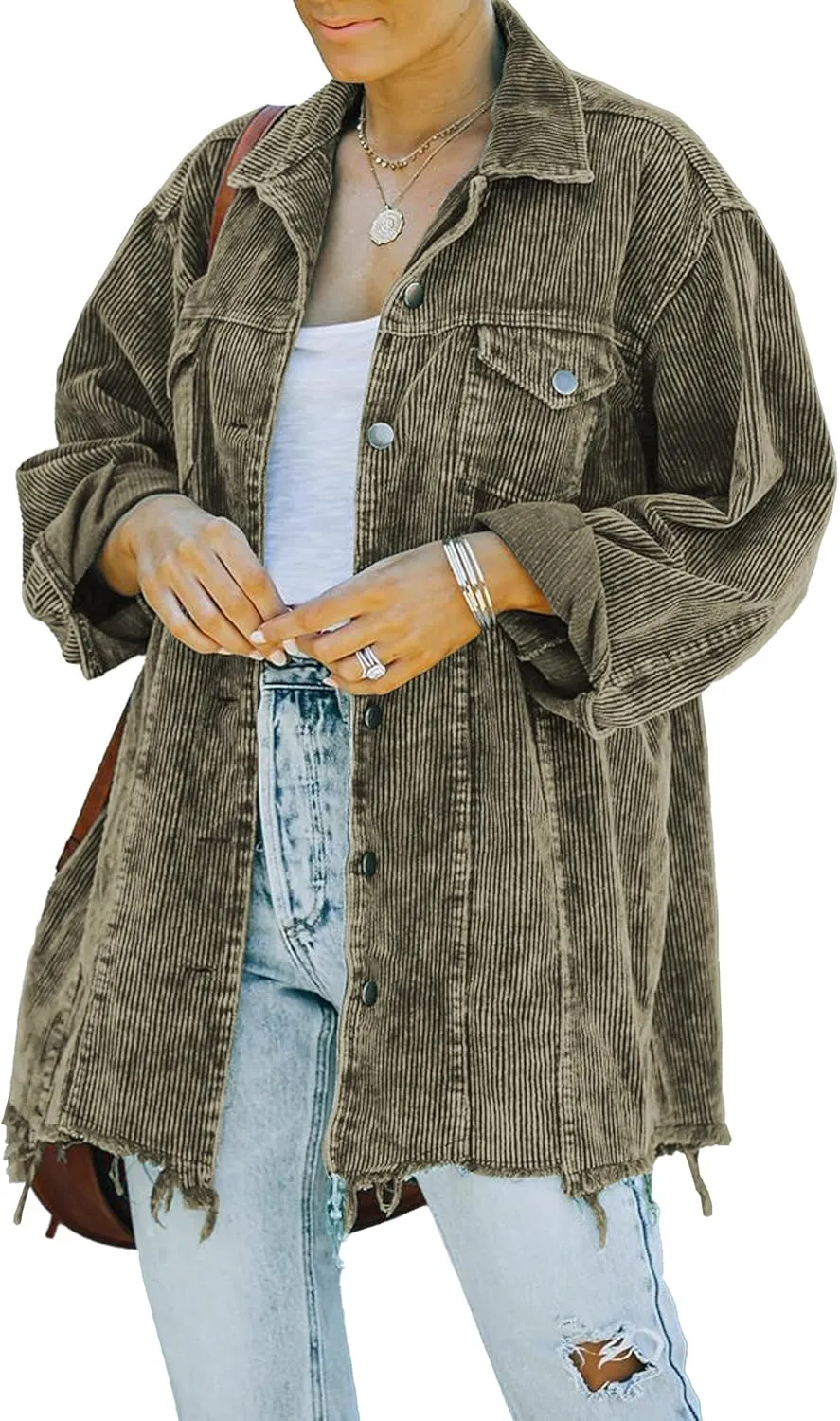 Hixiaohe Women's Casual Oversized Button Down Corduroy Shirt Jacket Coat Washed Retro Shacket
