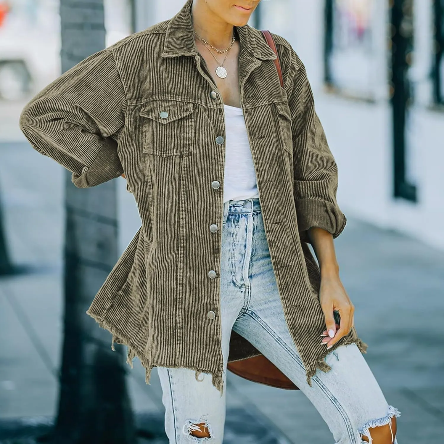 Hixiaohe Women's Casual Oversized Button Down Corduroy Shirt Jacket Coat Washed Retro Shacket