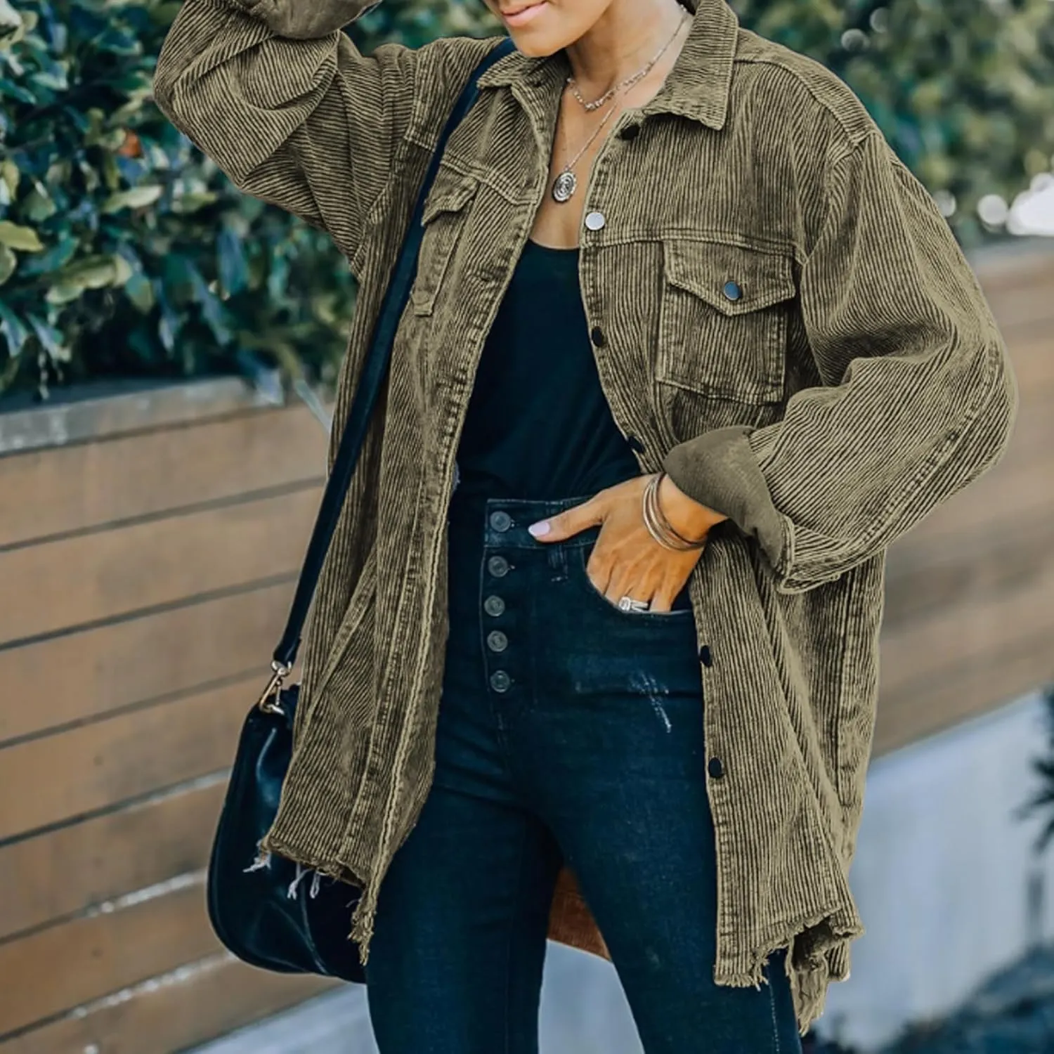 Hixiaohe Women's Casual Oversized Button Down Corduroy Shirt Jacket Coat Washed Retro Shacket