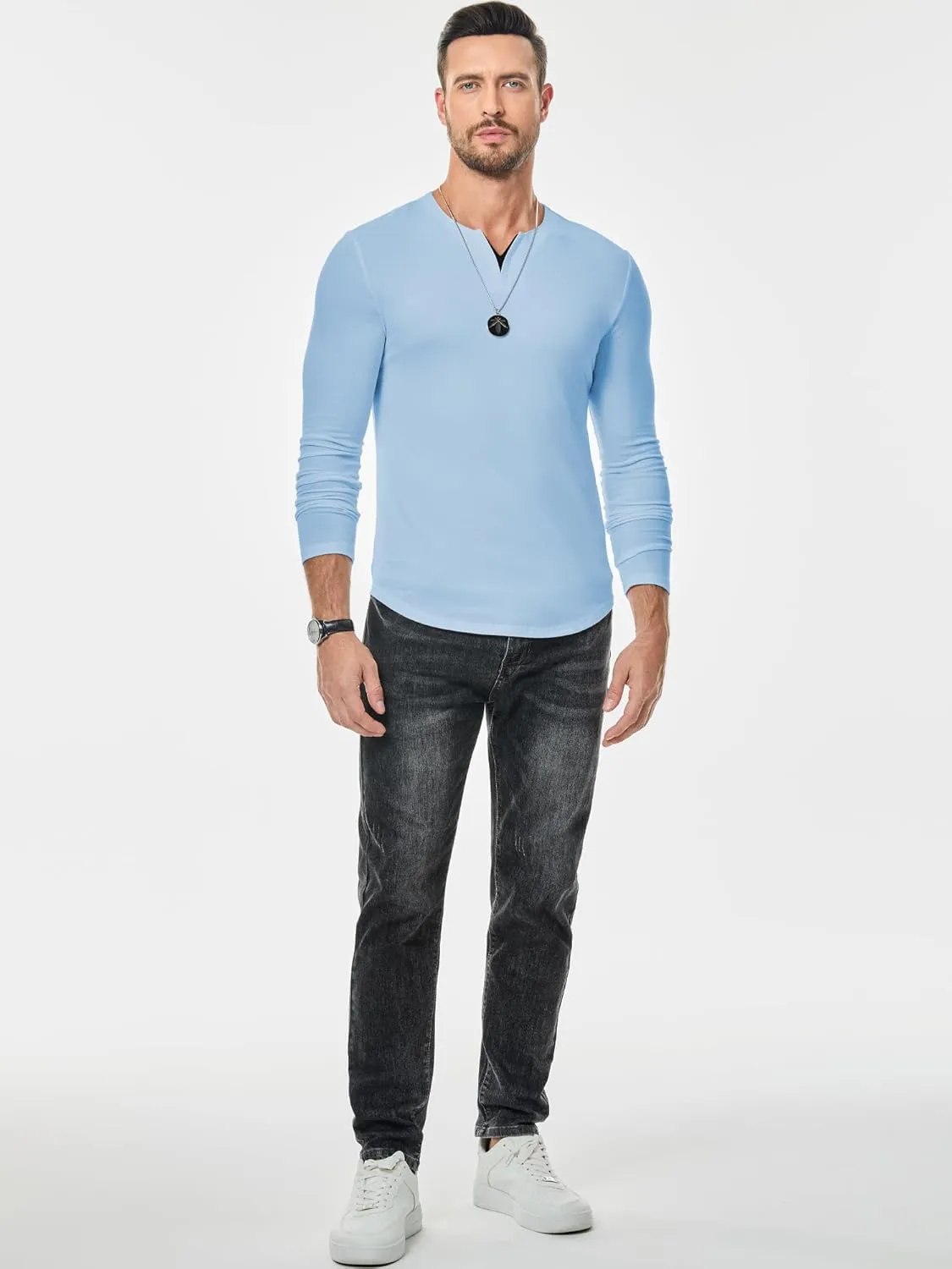JMIERR Mens Casual Muscle T Shirt Long Sleeve V-Neck Longline Soft Tee Shirt