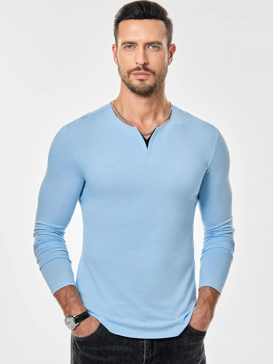 JMIERR Mens Casual Muscle T Shirt Long Sleeve V-Neck Longline Soft Tee Shirt